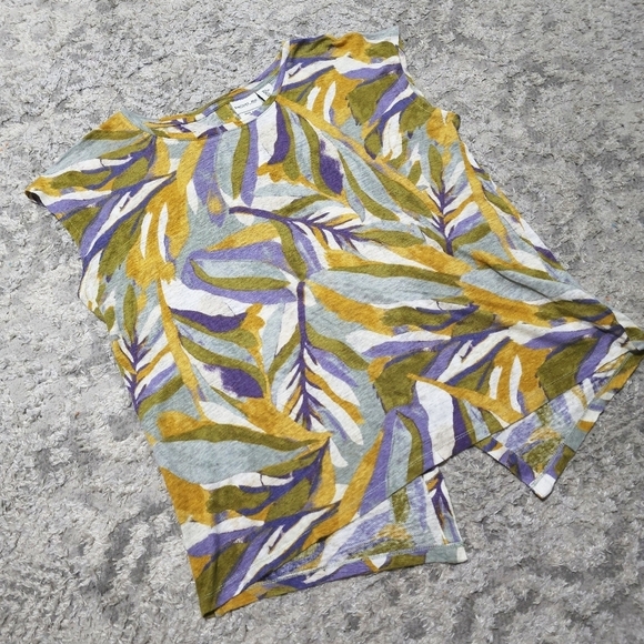 RACHEL ZOE 100% Linen Short Sleeve Multi Color Leaf Blouse, Button Back w/ Vent - Picture 7 of 15